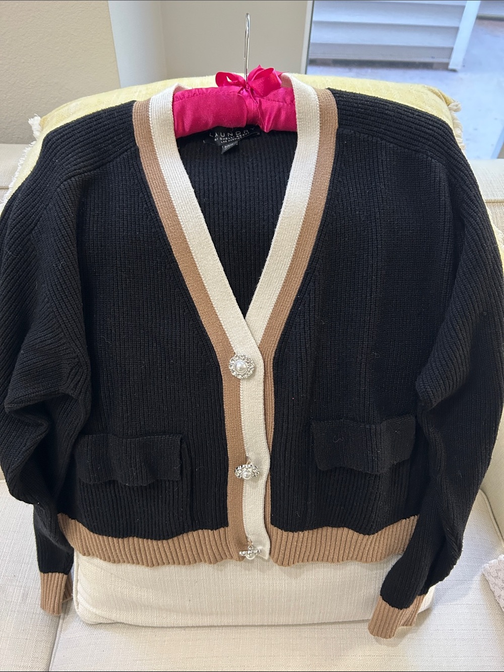 Laundry By Shelli Segal Black Cardigan with Beige and Cream Trim